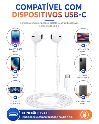 Fone de Ouvido com Microfone e Controle de Volume; Compativel com Android; IOS; Redução de Ruído; Ligações; USB TIPO-C — Branco