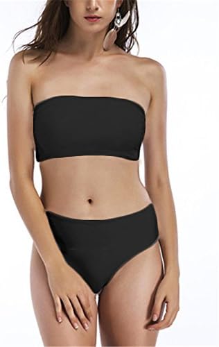 ZJWay Women's Retro Tube Top Bikini Set Strapless Bandeau Swimsuit with High Waist Thong Bottom