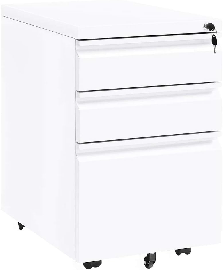 Amazon Com Invie 3 Drawer File Cabinet With Lock Metal Vertical Filing Cabinet Under Desk For Legal Letter File Anti Tilt Design Office Rolling File Cabinet White A Office Products