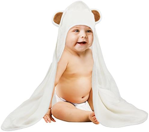 Hooded Baby Towel - Extra Soft 100% Bamboo Organic - Sized for Babies and Toddlers - Large 30" x 30" with Bear Ears - Very Good Absorbent Luxurious Bathrobe - Keeps Your Baby Warm and Dry After Shower