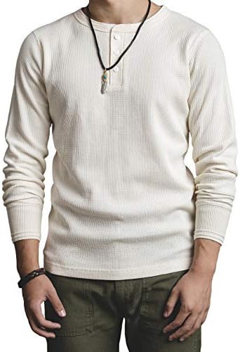 MADEN Mens Regular Fit Long Sleeve Pullover Waffle Cotton Henley t-Shirts White