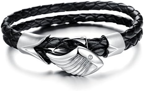 The Lantern Mens Black Genuine Leather Bracelet Eagle Wing Stainless Steel Clasp65292;10mm 8.66 Inch