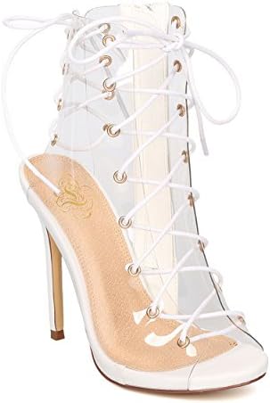 Women Lucite Lace Up Stiletto Bootie - Dressy, Costume, Girls Night - Transparent Ankle Boot - GD38 By Miss L - White (Size: 8.0)
