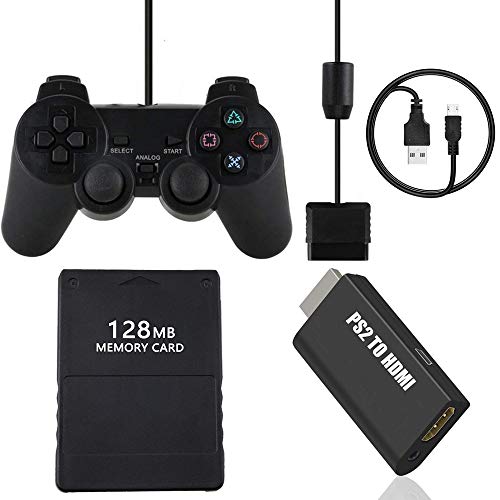 TFSeven Wired Controller for PS2 Playstation 2 Dual Shock + 128MB High Speed Game Memory Card + PS2 to HDMI Converter Adapter Accessories Kits