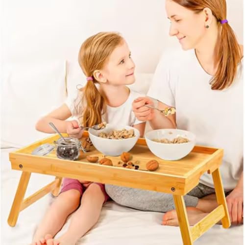 Mesa de Bambu com Pés Dobráveis para Notebook e Café da Manhã na Cama Bandeja Portátil 50x30 cm Multiuso para Sofá ou Quarto Suporte Compacto para Trabalhar Ler ou Servir Refeições