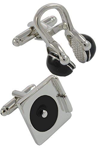 Cufflinks for Men + Presentation Box - Music - DJ Record Turntable and Headphones - Solid Brass Metal - Disc Jockey Player - Silver and Black Colours - One Pair