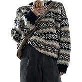 Women's Argyle Print Pullover Aztec Western Sweater Crewneck Grandpa Sweaters Vintage Aesthetic Fairy Grunge Clothes