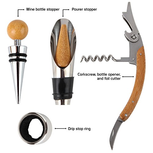 Jaguar Wooden Accessories Company Wine Tool Set - Portable Wine Accessory Kit With Laser Engraved Design - Bamboo Wine Gift Set For Men And Women