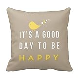 HLPPC Yellow Bird with Happy Words Khaki Pillow Square Decorative Polyester Throw Pillow Cover Case Zippered 18 x 18 Inches
