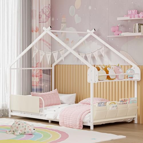 Timy Twin Size Montessori House Bed for Kids with Storage Rack and
