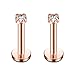 Ruifan Rose Gold Plated Stainless Steel 2mm Clear CZ Gem Internally Threaded Labret Monroe Lip Ring Tragus Nail Helix Earring Stud Barbell Piercing Jewelry 16G 8mm 2pcs