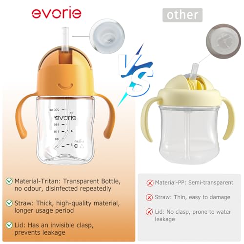 Evorie Tritan Weighted Straw Sippy Cup with Handles for Baby and Toddlers, Spill Proof Baby Water Bottle with Straw for 6 months and up, 7 Oz, Infant Training Water Bottle (Apricot)