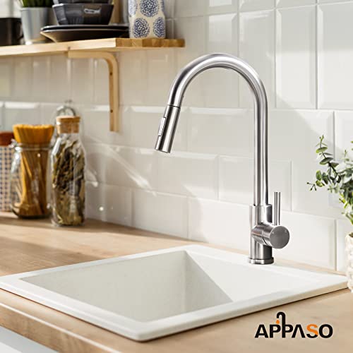 APPASO Kitchen Faucet, Kitchen Sink Mixer tap with Pull Down Sprayer, Brushed Nickel Kitchen Faucets Mixer with 2 Water Modes, Single Handle Modern Kitchen Tap Faucet Stainless Steel