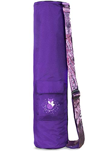 Fox Hill Fitness Yoga Mat Bag Sling Carrier with Pockets, Fully Lined with Side Zipper and Adjustable Sequin Strap for Kids and Women