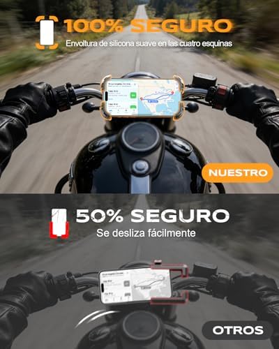 Soporte Movil Moto 360° Rotación, Cerradura 1s y Protección Segura Soporte Movil Bicicleta para Manillar de 0.71-1.4" Diámetro, Soporte Móvil Bicicleta Compatible con iPhone 4.7-6.8", GPS