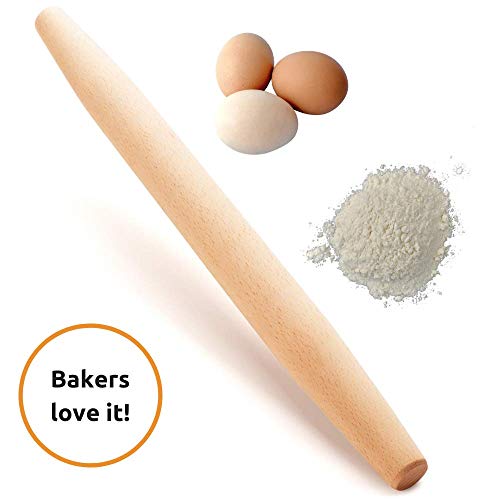 French Wooden Rolling Pin 18" x 1.55" for Baking Pizza Pastry Dough, Pie Crust & Cookie - Kitchen Cuisine Utensil Smooth Tools Gift Ideas for Professional Bakers, Restaurants, Grandmas - MR. WOODWARE