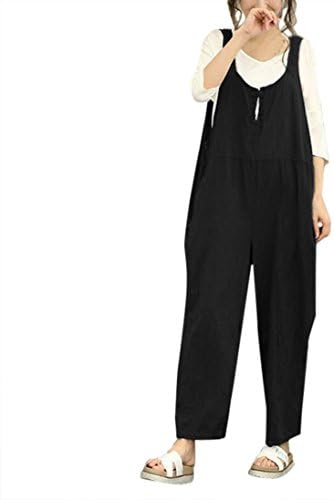 Qisc Women Pants Womens Casual Sleeveless Dungarees Loose Cotton Linen Bib Baggy Overalls Jumpsuit Pants Plus Size Romper (XL, Black)