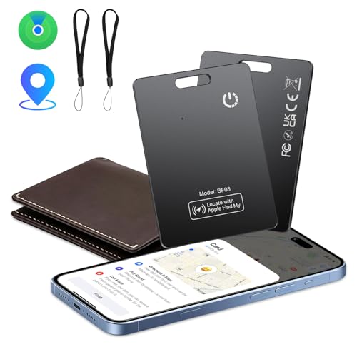 Wallet Tracker Card 2-Pack [Apple MFi Certified], Air Tracker Tag Works with Apple Find My (iOS Only), IP68, Rechargeable Bluetooth Tracker Card for Wallet Luggage Suitcase, Bag, Passport, Black