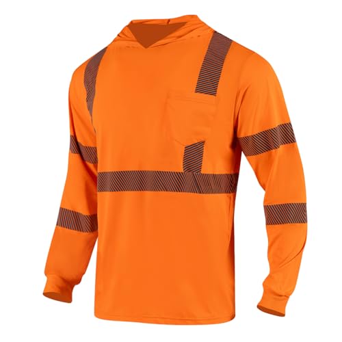 Drizomo High Visibility Safety Shirts for Men with Hood Reflective Cooling Long Sleeve ANSI Class 3 Hi Vis Construction Work T Shirt Quick Dry (Orange,S) at Amazon