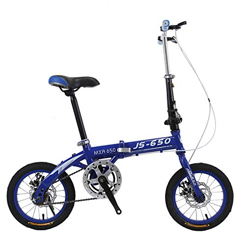 Lightweight Alloy City Bike for Men and Women Mini 14 inch Double disc Brake Folding Bike Small Wheel Single Speed Fixed Scooter with disc Brake and Suspension Fork-Blue + disc Brake