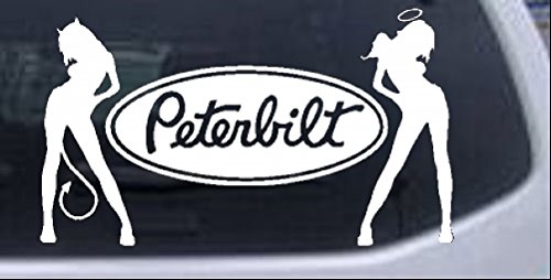 Oval Trucker with Sexy Mudflap Angel Devil Good and Bad Girls Moto Sports Car or Truck Window Laptop Decal Sticker - White 8in X 4.7in