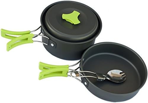 Premium Trail Outdoor Camp Cookware Set - lightweight nonstick metal compact collapsible mess kit - anodized aluminum non-stick ultralight stackable pot skillet utensils - hiking camping backpacking