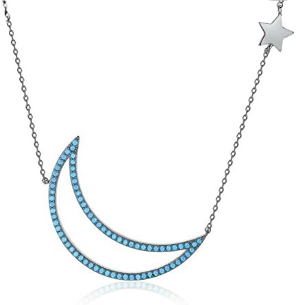 vLine Blue Turquoise Crescent Moon Shaped Pendant Star Gun Metal Color Choker Necklace Women Girls 17"