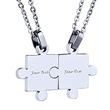 Custom Engraving Name/Date Stainless Steel Matching Jigsaw Puzzle Pendant Chain Necklace For Couple's Gift (silver)