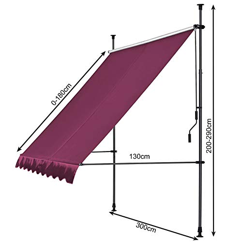 QUICK STAR Klemmmarkise 300 x130cm Bordeaux Balkonmarkise Sonnenschutz Terrassenüberdachung Höhenverstellbar von 200-290cm Markise Balkon ohne Bohren – Bild 3