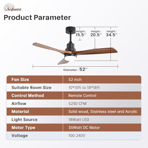 Sofucor 52 Inch Solid Wood Ceiling Fans With Lights, Low Profile Ceiling Fan with Light and Remote, 3 Downrod, Reversible DC Motor, Indoor/Outdoor 3 Blade Ceiling Fan Light for Bedroom Farmhouse Patio