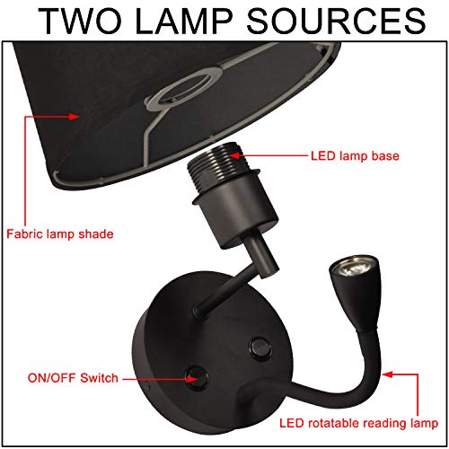 BarcelonaLED LED-wandlamp, E27, met Flexo, draaibaar, flexibel, 3 W, lampenkap van textiel, schakelaar voor slaapkamer… - Afbeelding 6