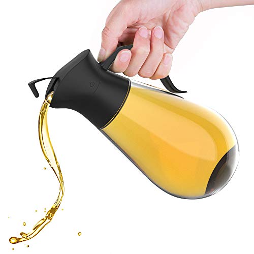 Brieftons Oil & Vinegar Dispensers: 2 x 18.6 Oz Leakproof Glass Dispenser Bottles, Dual Condiment Dispensing Cruet Containers, with Automatic Stopper, Drip-Free & Spill-Free Spout, Non-Slip Handle