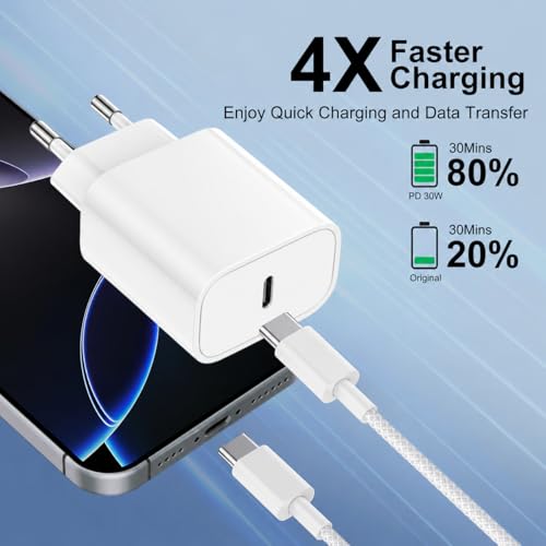 30W Fast Charging Charger for iPhone 17 16 15/16 15 Pro/16 15 Pro Max/16 15 Plus/iPad 10 Generation iPad Pro, USB C Charger Fast Charging Charger Type C Adapter with Nylon Braided USB C Cable 2M