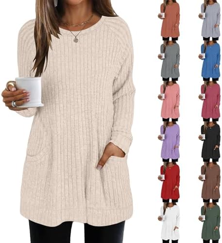 Jumpers for Women UK Women's Lightweight Jumpers with Pocket Long Sleeve Tops Women Casual Round Neck Ladies Long Tops to Wear with Leggings Ladies Lightweight Knit Jumper Womens Sweaters