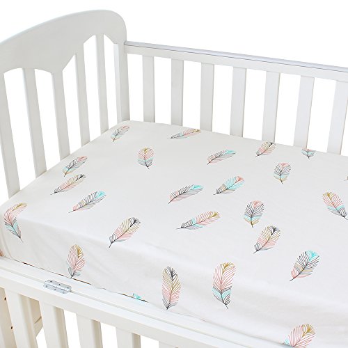 LifeTree Soft Fitted Crib Sheet Feather Print Premium Cotton Unisex