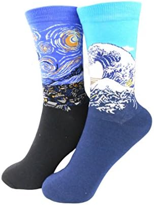 Fantastic Cos Men's Famous Art Patterned Casual Work Cotton Crew Socks (4"-10", Starry Sky+Kanagawa Wave)