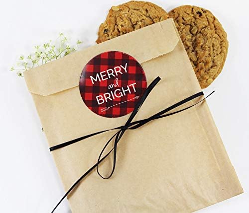Holiday Cookie Favor Bag Set with Sticker and Satin Ribbon. Set of 25 Ready-to-Use, 8x6x1 Eco-Friendly Kraft Paper Party Gift Bags,Stickers & Ribbon. Brown, Black, Red, White