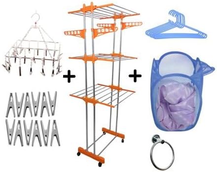 TNC Stainless Steel DoublePoll Cloth Dryer Stand with Laundry Bag,6Pc Hanger,12c Clips,1Ss Jhumar, 1Ss NapkinTowel Ring, Standard Size(Multicolour)