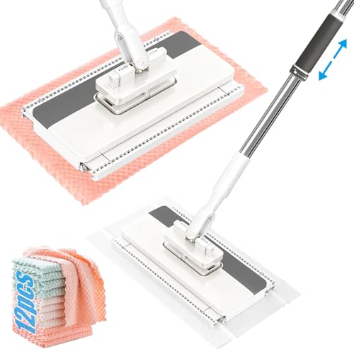 Multifunctional Lazy Mop with One Click Cloth Grip - Hands-Free Flat Mop for Hardwood Tile Floor Cleaning, Long Handle Microfibre Mop for Kitchen, Clip Mop Fits Any Cloth | UK Stock