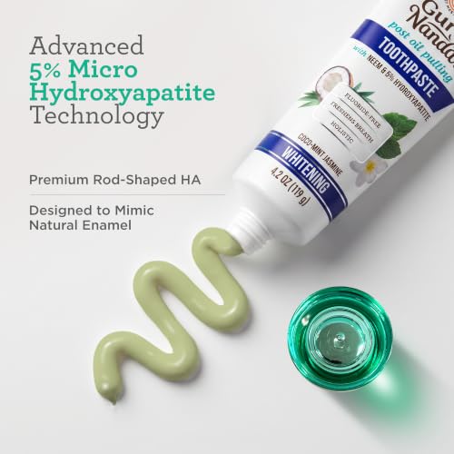 GuruNanda Hydroxyapatite Toothpaste for Whitening with Neem & Xylitol, SLS & Fluoride Free (4 Pack) - Freshens Breath, Fights Plaque - with 2 Toothbrushes, 2 Tongue Scrapers & 2 Tube Squeezers