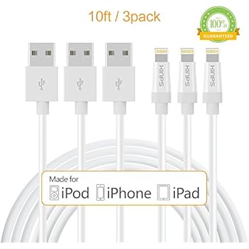 KINPS Apple MFi Certified Lightning to USB Cable 10ft/3m iPhone Charger Cord Super Long for iPhone Xs/XS Max/XR/X / 8/8 Plus / 7/7 Plus / 6S / 6S Plus, iPad Pro/Air/Mini (White, 3 Pack)