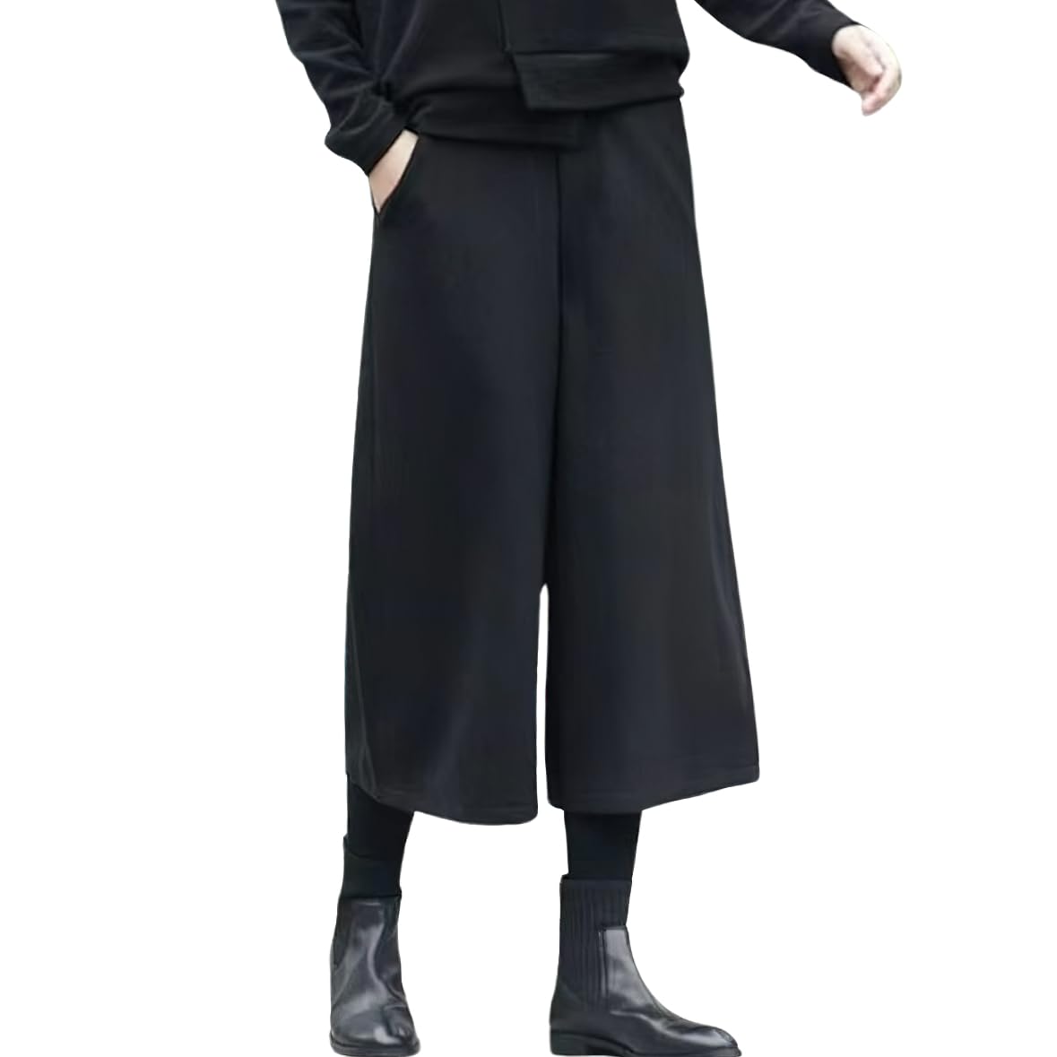 Photo 1 of chouyatou Women's Fall Wool Blend Culottes Capri Cropped Pants Elastic High Waist Wide Leg Palazzo Trouser (Large,Black)