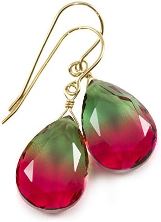 Bi Color Simulated Tourmaline Pink Green Earrings Faceted Teardrops Simple Dangle Drops 1.4"