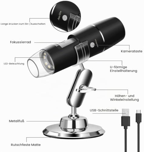 WiFi USB Digitales Mikroskop 50X-1000X Vergrößerung, Tragbares Mikroskop mit Foto- und Videofunktion, Kabellose HD Endoskop Kamera 8 LEDs, kompatibel mit iPhone, iPad und Android-Geräten