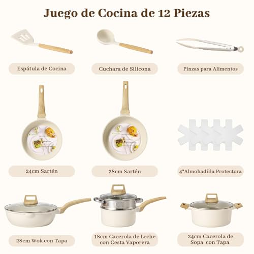 CHEFOLLA Sartenes Antiadherentes 12 Piezas, Bateria de Cocina, Juego de Sartenes de Induccion, Juego de Ollas y Sartenes, Fácil Limpieza, con Sartenes y Cacerolas, Granito Blanco