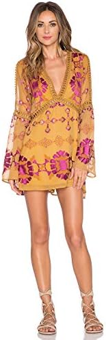 Boho Floral Print V Neck Flare Long Sleeve Swing Mini Lace Dress Women Sundress