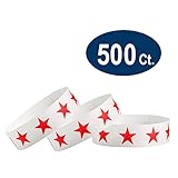 WristCo Red Stars 3/4" Tyvek Wristbands - 500 Pack Paper Wristbands for Events