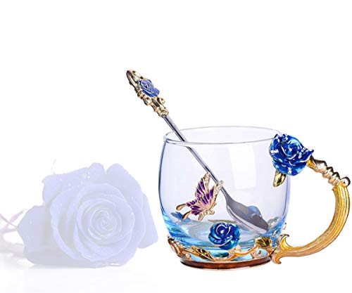 Tea Cup Coffee Mug Cups, Clear Glass Coffee Cups Tea Mugs with Spoon Set Handmade Enamel Butterfly Rose Flower,12 oz (Blue Rose) Ideal for Friend Wedding Anniversary Birthday Presents