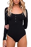 Sunfury Women Button Down Knitted Ribbed Long Sleeve Snap Crotch Thong Bodysuit