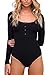 Sunfury Women Button Down Knitted Ribbed Long Sleeve Snap Crotch Thong Bodysuit
